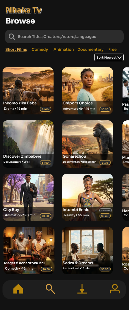 Nhaka TV app category browse screen